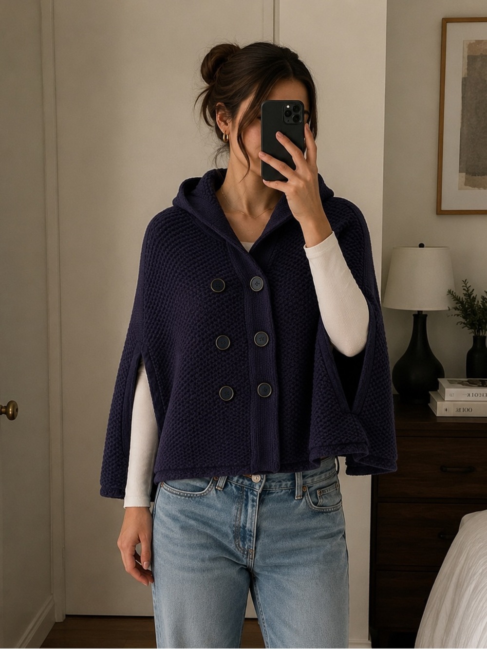 Massimo Dutti Wool-Cashmere Navy Cape – XS – Hooded Double-Breasted Poncho Style
